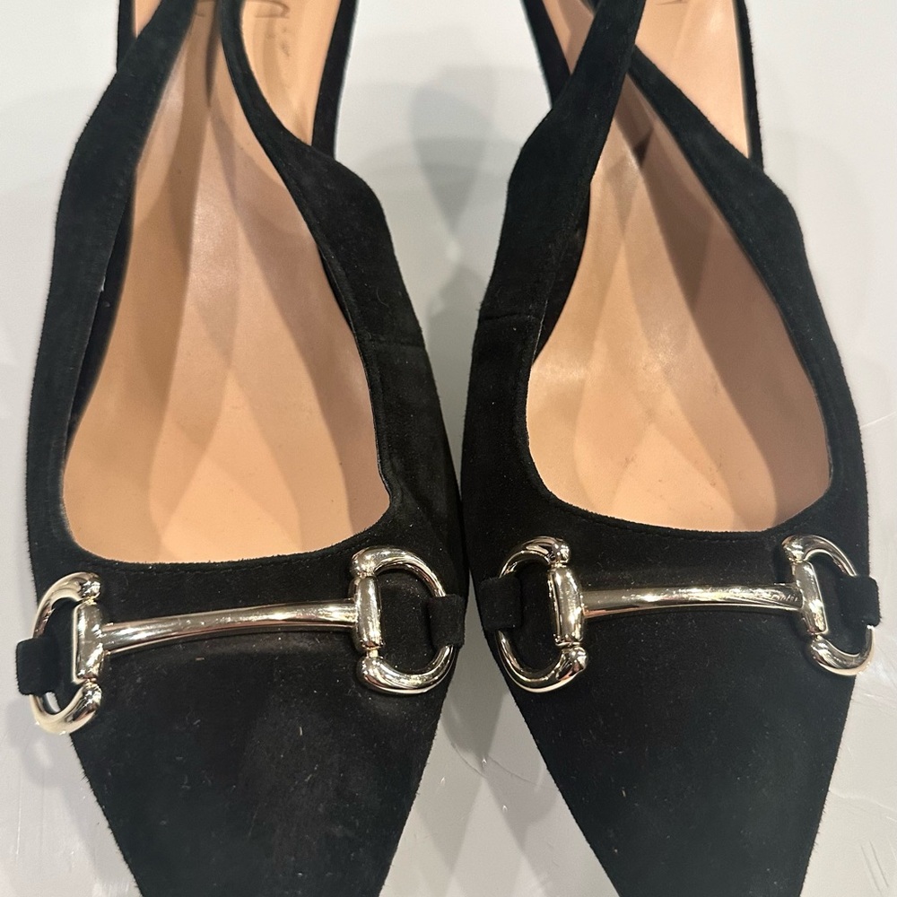 INC Black Suede Gold Buckle Womens High Heel Size 7.5